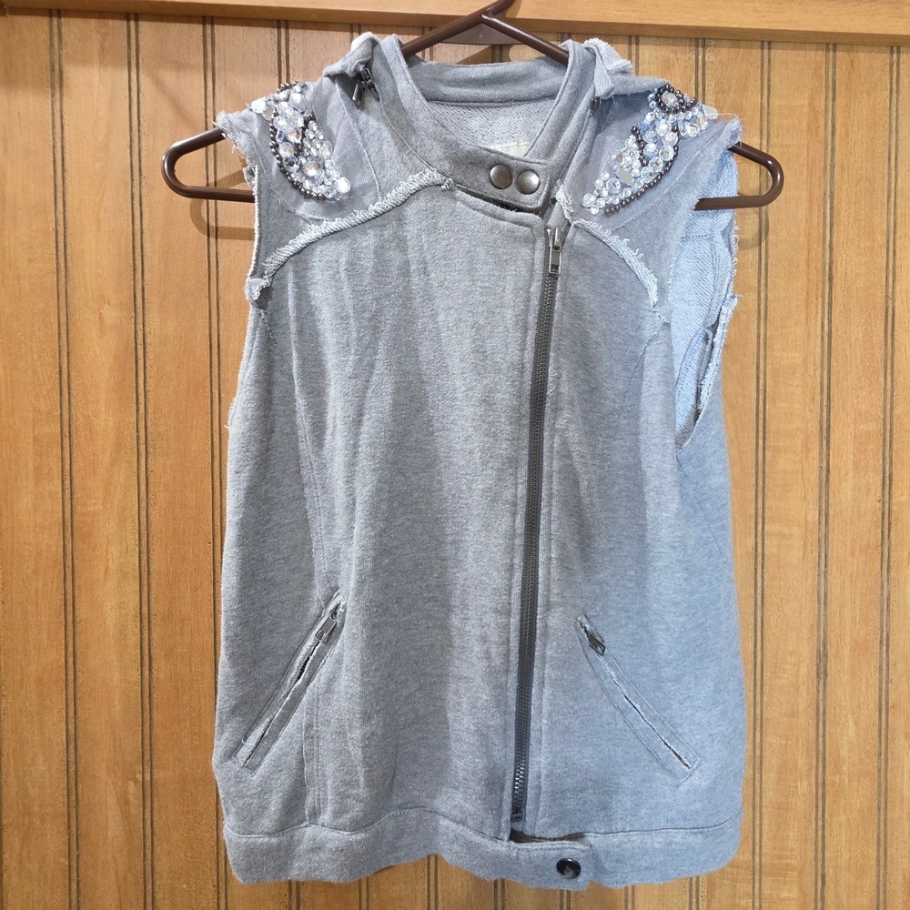 BKE Outerwear Embellished Hooded Vest Gray French Terry Sleeveless Zip Up Sz S
